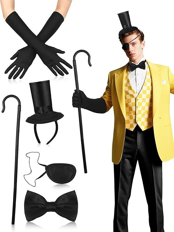 5 Pcs Halloween Yellow Triangular Dream Demon Costume with Mini Top Hat Headband Black Satin Opera Gloves Bow Tie Eye Patches Cane for Men Women Cosplay Halloween Party