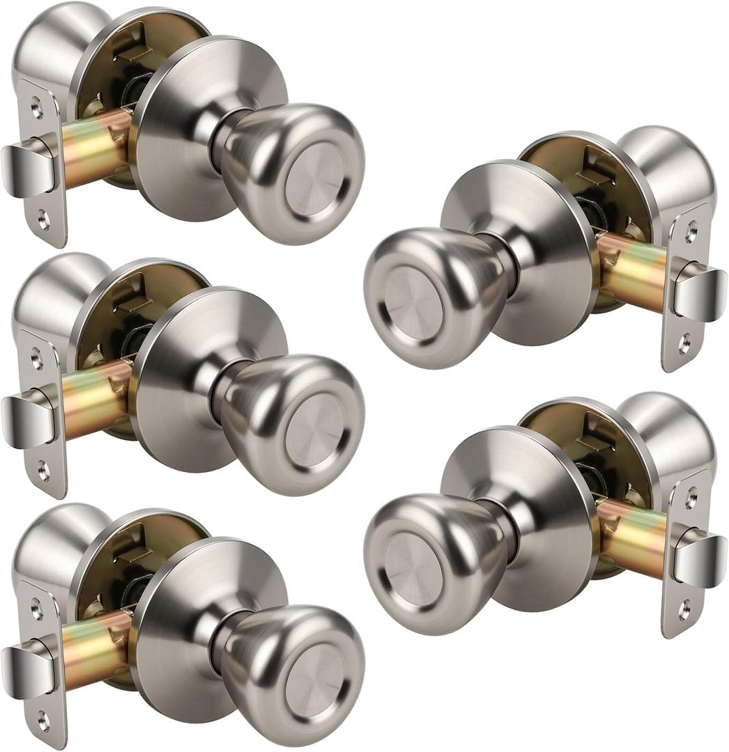 KNOBWELL 5 Pack Passage Door Knobs Brushed Nickel, Round Interior Door Knobs for Closet and Hallway, Satin Nickel Indoor Door Knob Keyless, Silver Door Knob with Lock, Tulip Design