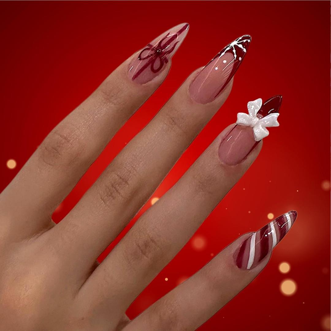 Christmas Press on Nails Red Medium Almond Fake Nails with 3D Bow Candy Cane Line Snowflake Gift Designs Full Cover Winter Press ons False Nails for Women Christmas Party 24 Pcs WYFHDT