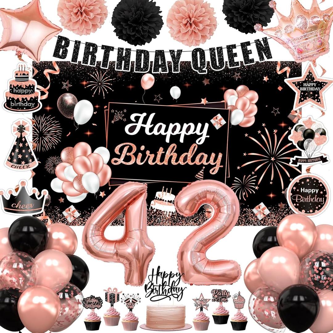 42nd Birthday Decorations for Women Girls, Rose Gold 42 Birthday Party Packs (55pcs), Number 42 Balloons Fiol, Hanging Swirl Flags, Backdrop for Women Girls 42nd Birthday