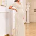 AISWI Maternity Sparkly Mesh Dress Short Sleeve Square Neck Pregnancy Dresses for Semi Formal Baby Shower Photoshoot (Beige, M)