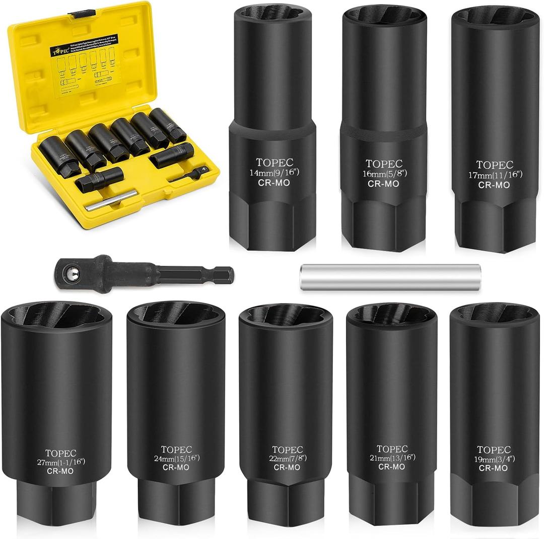 TOPEC 10PCS Deep Lug Nut Remover Heavy Duty, 1/ 2" Drive Impact Wheel Lock Removal Kit, Spiral Type Lug Nut Removal Tool for Removing Stripped, Broken, Damaged, Rounded Bolts, Nuts & Screws