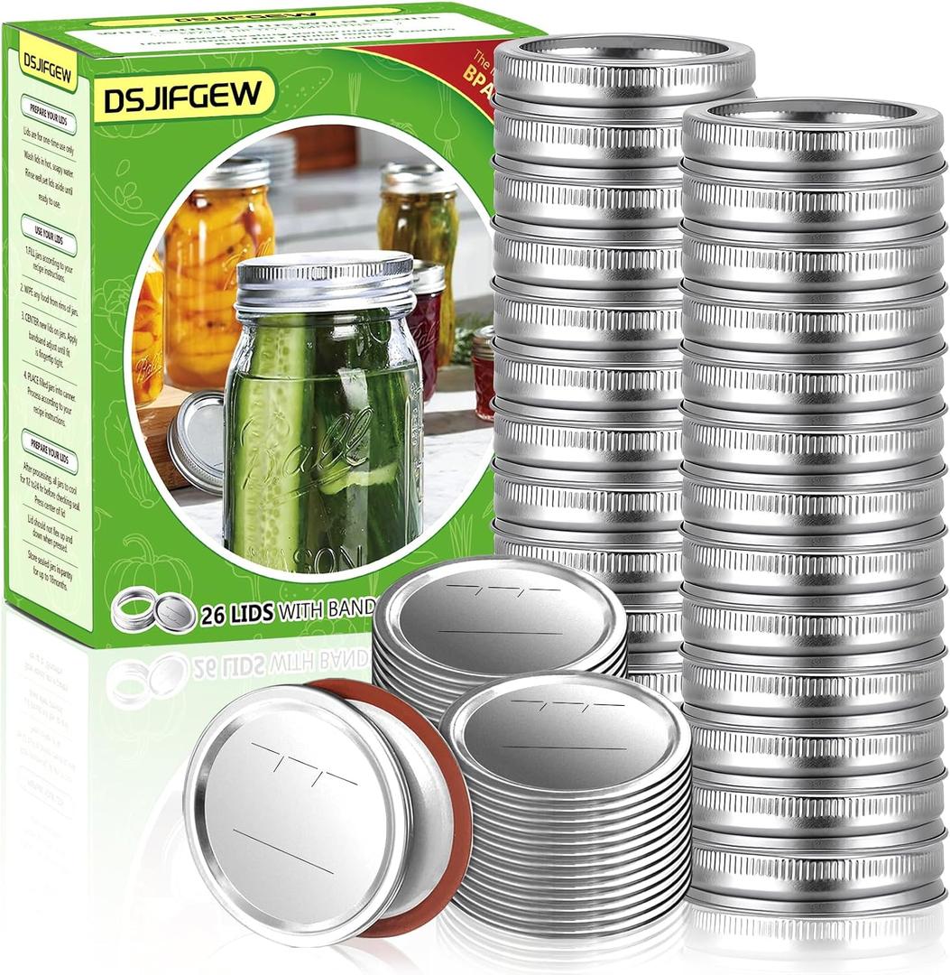 52Pcs Wide Mouth Canning Lids, Rings for Ball & Kerr Mason Jar Lids with Bands - Food Grade with Silicone Airtight Seal Split-Type Metal Large Ball Lids (86mm)