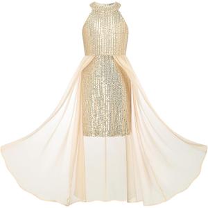 GRACE KARIN Girls Halter Neck Sequin Dress Kids Fancy Formal Party Christmas Sparkly Pageant Birthday Dresses (7-8 Years, Gold)