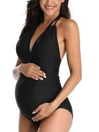 EastElegant Maternity Swimsuits One Piece V-Neck Pregnancy Swimwear Halter Maternity Bikini Black   XL