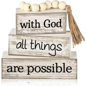 4 Pcs Farmhouse Wooden Tabletop Decor Farmhouse Tiered Tray Decor Rustic Retro Wood Bead Garland with God All Things are Possible Block Sign Neutral Centerpiece Sign for Home Shelf Mantle