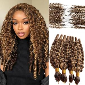 Burmese Curly Crochet Human Hair 50g Pre-separated Feather Crochet Hair Highlight Ombre Strawberry Brown Invisible Miracle Knots Hair 22 Inch Pre-looped Curly Wavy Bundles with Spiral Curl