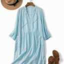 Lafural Womens V Neck Cotton Casual Loose Shift Tunic Smock Summer Dresses Vacation Dress 3/4 Sleeve Pocket (Blue, M)