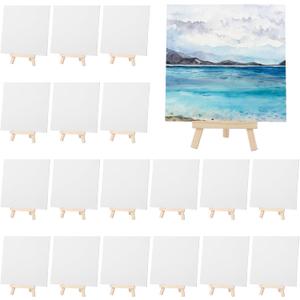 MotiMind 36 Pcs Mini Canvas and Easel Set for Painting, 6 x 6 Inch Canvas Panels with 6 Inch Wooden Easels for Oil Acrylic Painting Christmas Birthday Valentine's Mother's Day Art Crafts Party Favors