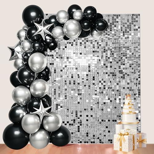 24 Pcs Silver Shimmer Wall Backdrop Panels for Party Decoration, 12 inch x 12 inch Silver Sequin Backdrop for Birthday Graduation Anniversary Engagement