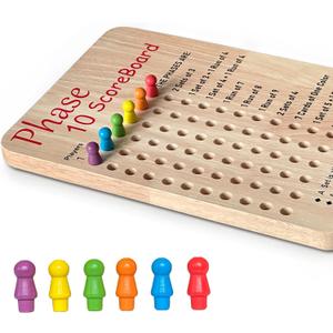 Tuiiopoli Score Board for Phase 10, Thicken Real Quailty Hardwood Oak Scoreboard with 6 Colored Pegs Wooden Score Sheets Tracker Board Party Family Night Oak Accessories Board