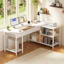 PRAISUN 55 Inch L Shaped Office Desk with Power Outlets and Type-C Port, Large Computer Gaming Desk with 3 Fabric Drawers, Mesh Shelves, Corner Study Work Writing Desk, White, 55.1inch