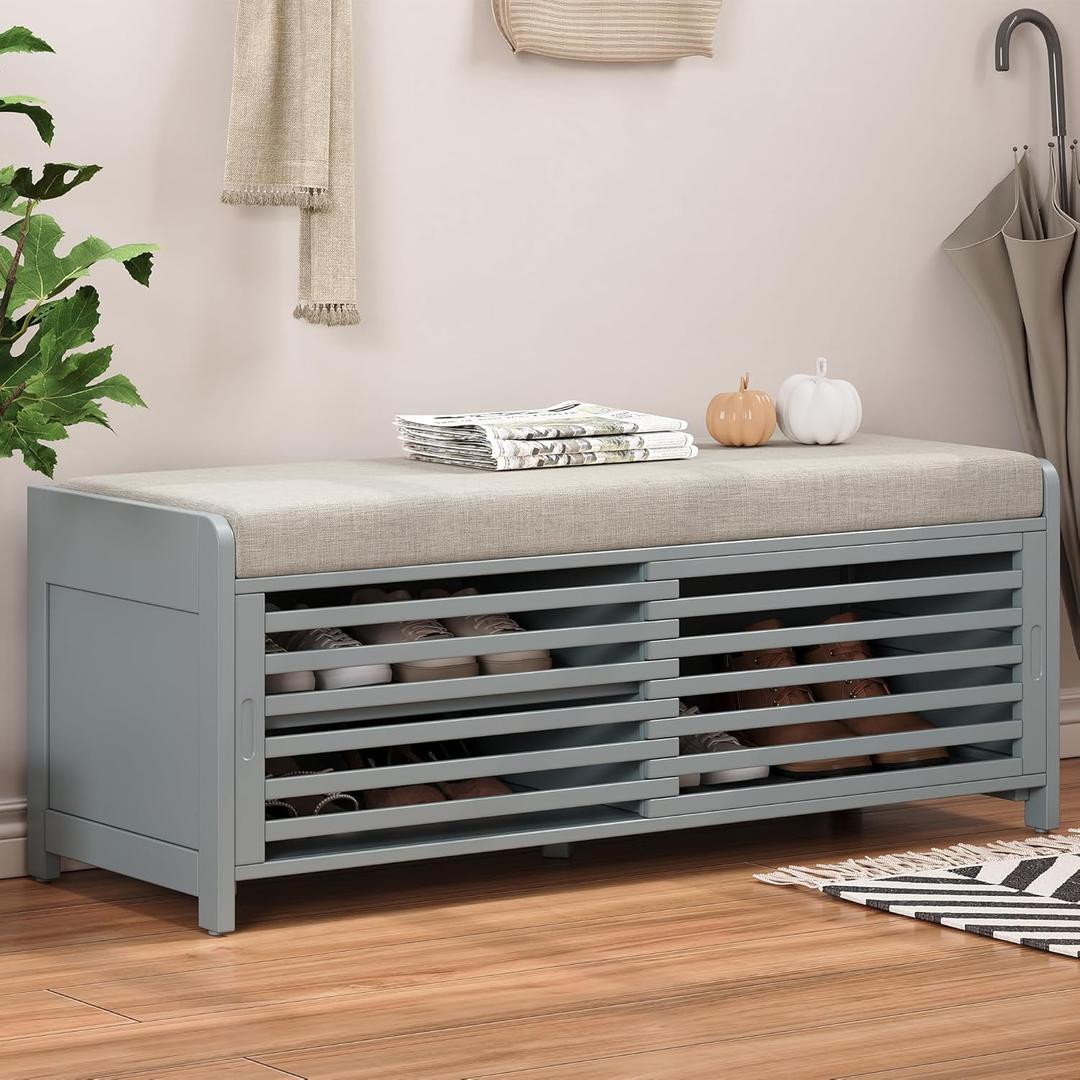 Multipurpose Entryway Storage Bench with Shutter Doors, 43.3" Wooden Shoe Organizer with Upholstered Seat for Entryway, Hallway and Living Room