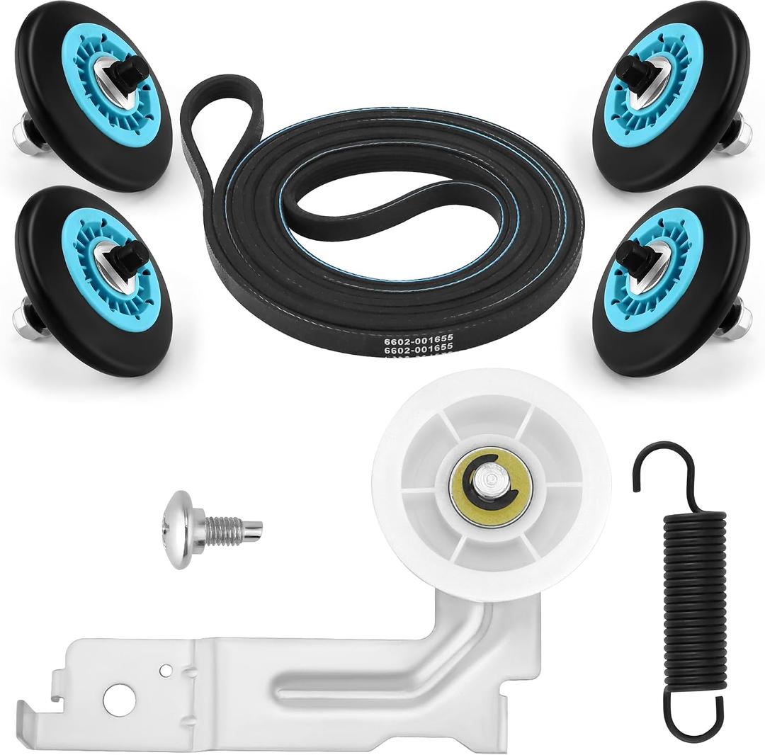 DC97-16782A Dryer Parts Repair Kit for Samsung Dryer Roller Replacement,with DC93-00634A Idler Pulley, 6602-001655 Dryer Belt, DC61-01215B Spring