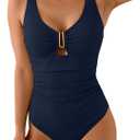B2prity One Piece Swimsuit for Women Tummy Control V Neck Bathing Suit Slimming Ruched Swim Suit Cutout Swimwear (Small, Dark Blue Ribbed)