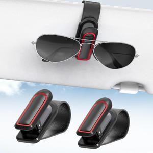 Veharvim Sunglass Holder for Car (2 Pack, One-Handed Operation, Gentle & Secure Hold, Silicone Padded, Universal Fits Sunglass and Car Visor) - Sunglasses Clip for Car Visor (Black & Red, 2 Pack)
