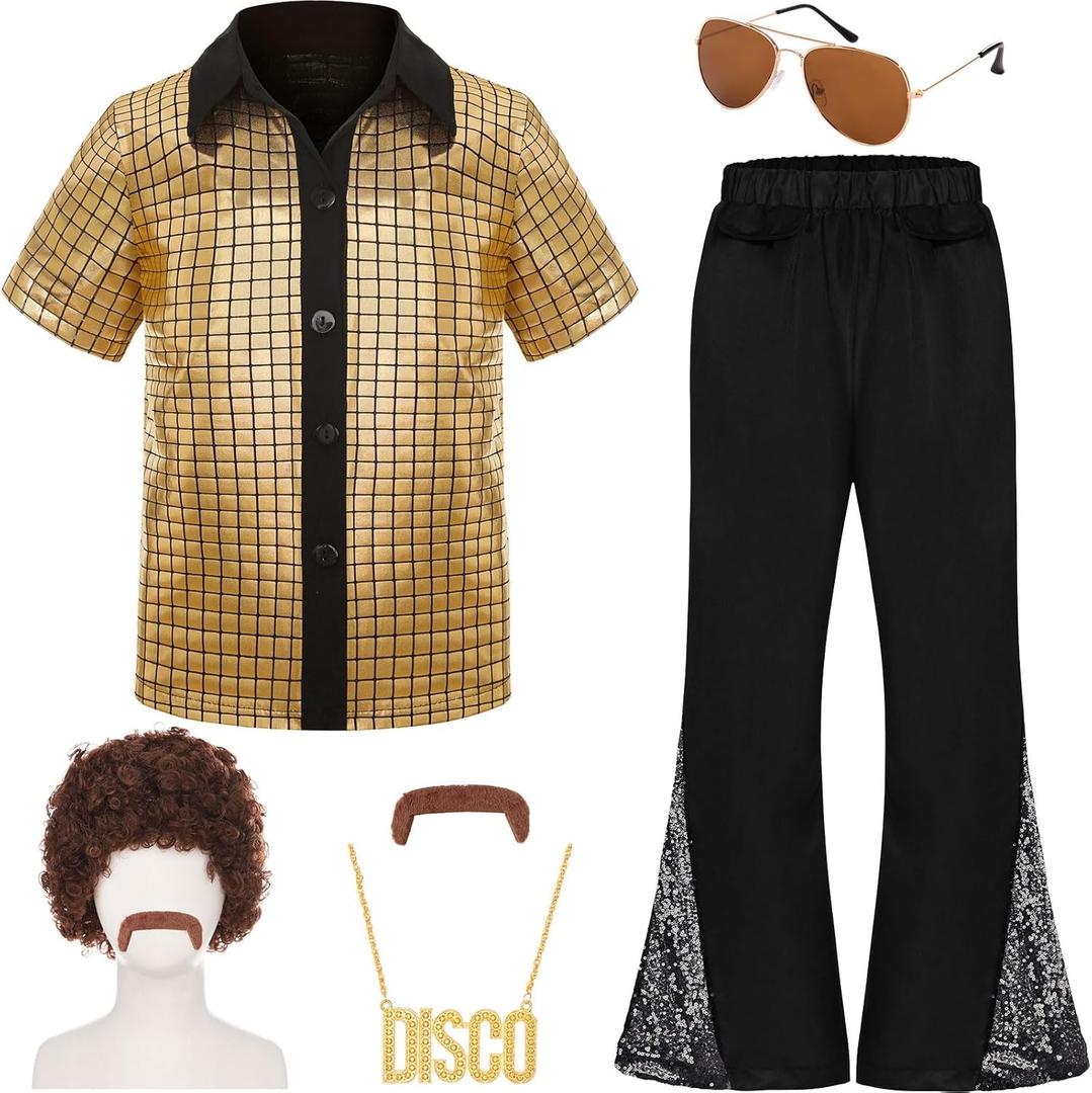 Gorkonpy 70s Outfits for Boys Kids Disco Costume Halloween Party Dress Up (Gold, 10-12 Years)