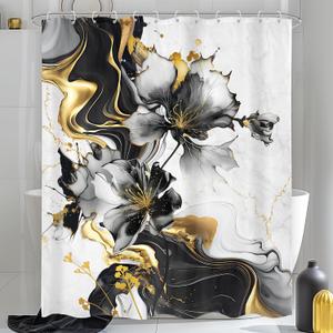 Omifly Black White Gold Marble Shower Curtain 72Wx84L Inch Abstract Flower Modern Floral Luxury Ink Texture Plant Minimalist Men with 12 Plastic Hooks Fabric Waterproof Toilet Accessories Decor