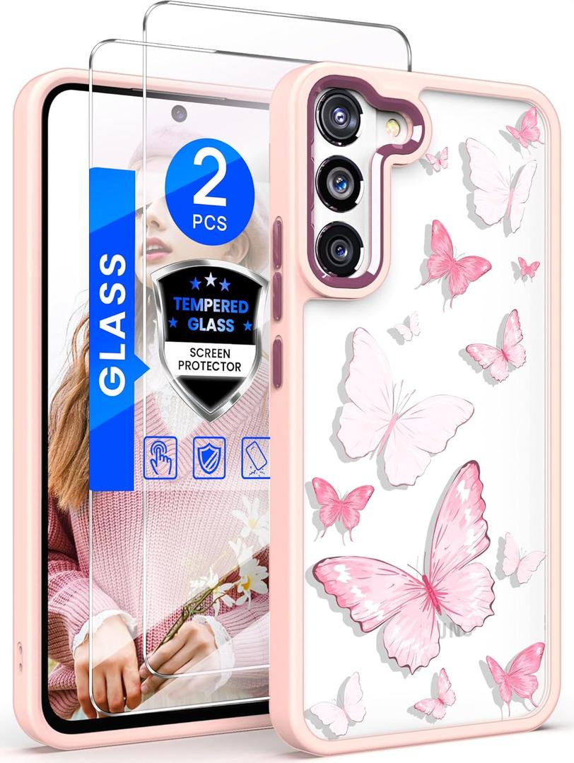 Dretal for Samsung Galaxy S21 Plus 5G Case Floral, Galaxy S21+ Case, Military Grade Drop Tested Hard Back & Soft Edge Slim Flower Women Girls Protective Cover +Tempered Glass Screen Protector (Pink)