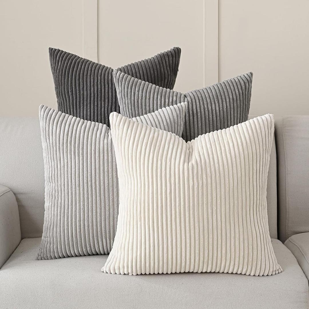 Volcanics Set of 4 Neutral Grey Corduroy Decorative Couch Throw Pillow Covers 18x18 Inch, Western Modern Farmhouse Striped Cushion Cases, Soft Boho Square Accent Pillow Covers for Home Sofa