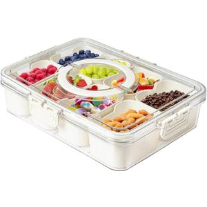 Plastic Divided Serving Tray with Lid and Handle Snack Box Charcuterie Container Portable Snack Platters Organizer for Candy, Fruits, Snacks, Nuts, for Party, Entertaining (White 8 compartments)