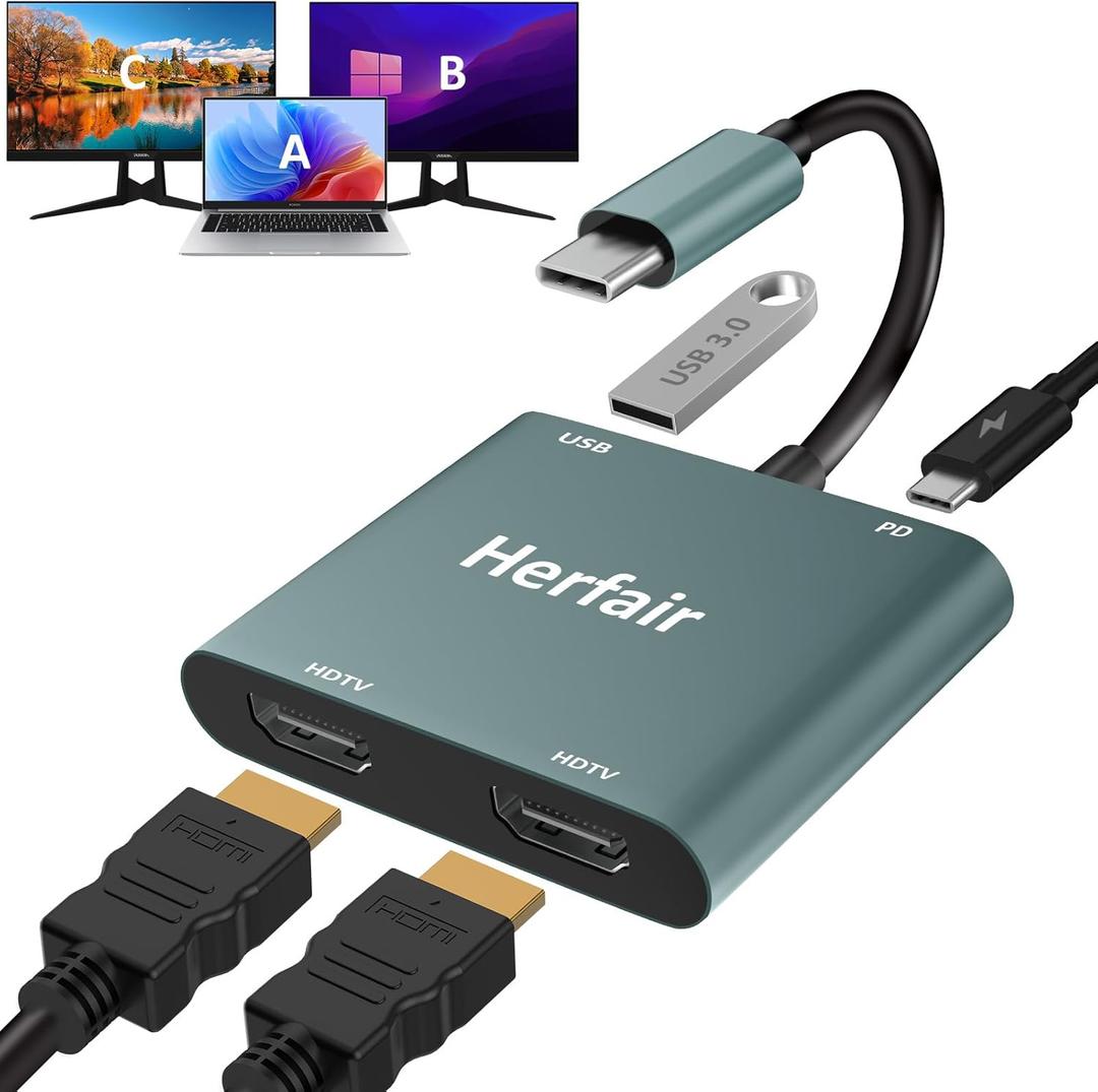 Herfair HDMI Splitter for Dual Monitors Extended Display 1 in 2 Out 4K USB C to 2 HDMI Adapter Extender for MacBook Laptop Support All Mode for Windows & ABB Extend/Mirror Mode for MacOS