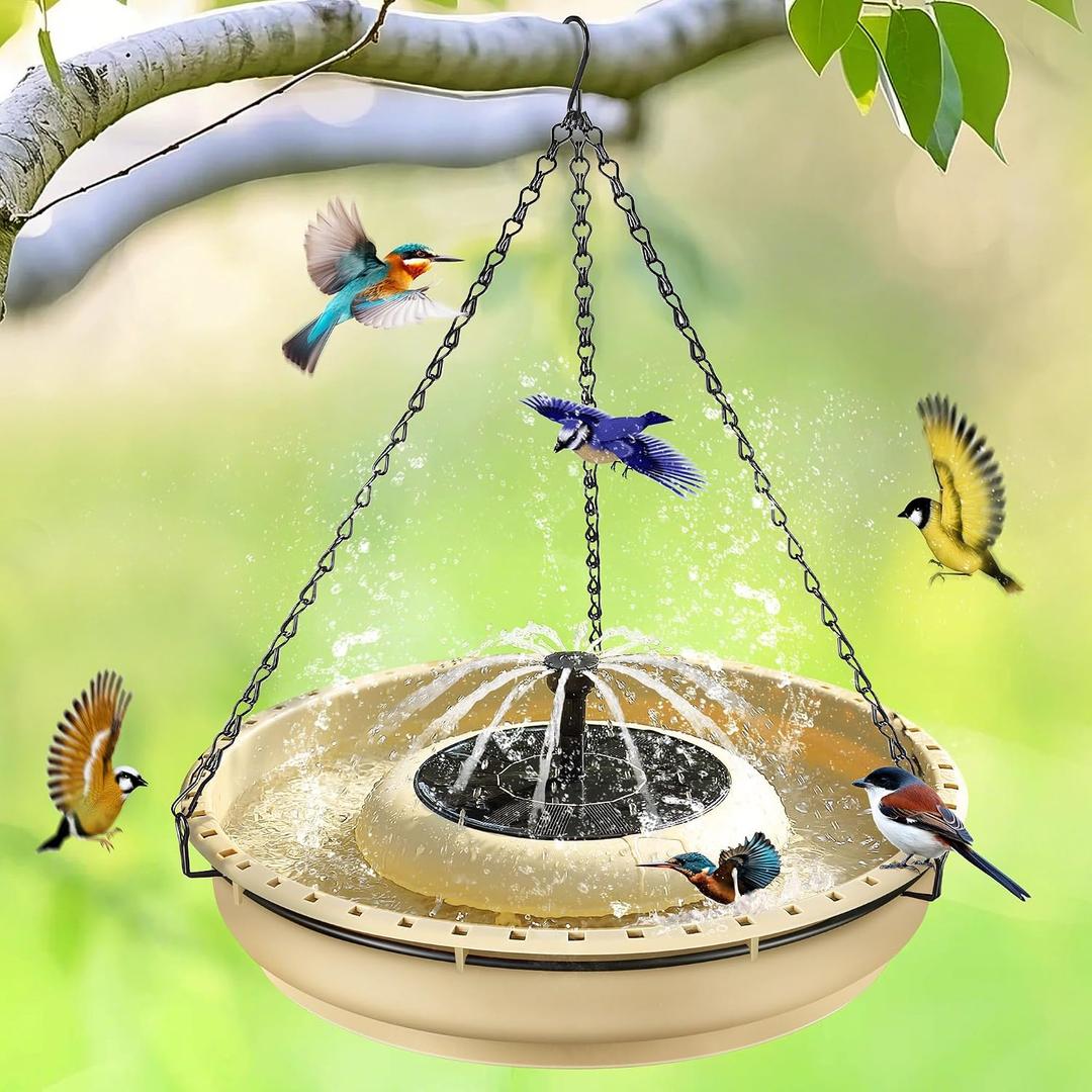 15.7 W Large Solar Fountain Hanging Bird Bath, Solar Powered Hummingbird Water Fountain Pump Combo Set With 4 Water Spray Nozzles, Bird Bath Bowl with1.67 Gallon Capacity for Outdoor Garden Patio
