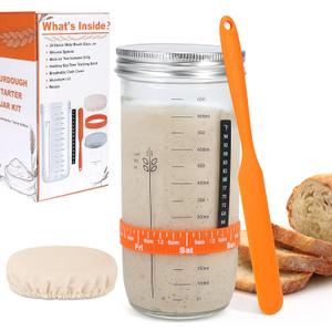 Sourdough Starter Jar Kit, 24oz Wide Mouth Glass Jar with Aluminum Lid, Silicone Scraper, Date Marked Feeding Band, Thermometer, Cloth Cover, Recipes, Sourdough Bread Baking Supplies