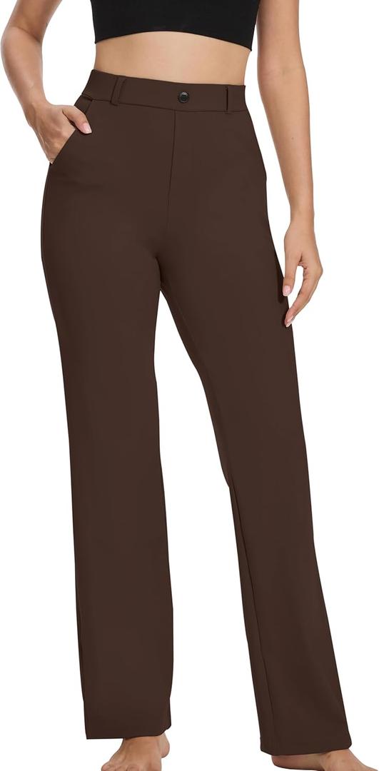 VIMPEP Womens Stretchy Yoga Dress Pants High Rise Straight Leg with Pockets Casual Petite/Regular 1202 (Large, Brown)