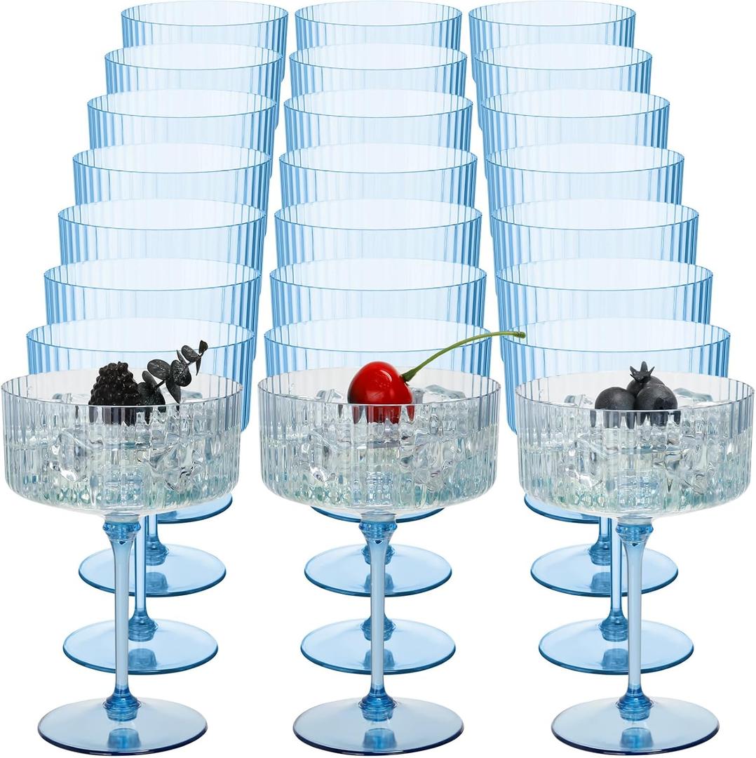 Jingmore 24 Pcs Ribbed Martini Glasses 10 oz Disposable Plastic Vintage Ribbed Coupe Glasses Unbreakable Dessert Parfait Glassware for Wedding Birthday Party Supplies (Blue)
