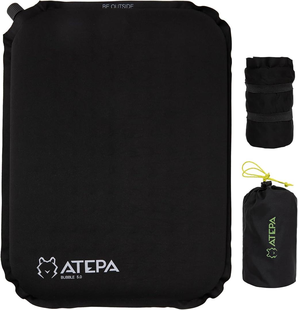 ATEPA Inflatable Seat Cushion, Self-Inflating Portable Stadium Airplane Travel Foam Cushion Pad for Camping, Sports Events, Outdoor (1 Pack Black)