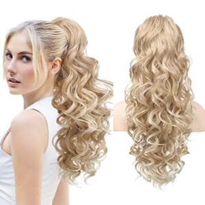 REECHO Ponytail Extension, 24" Claw Clip in Ponytail Extensions Long Curly Wavy Jaw Clip on Pony Tails Hairpiece for Women, Dark Blonde with Light Ends