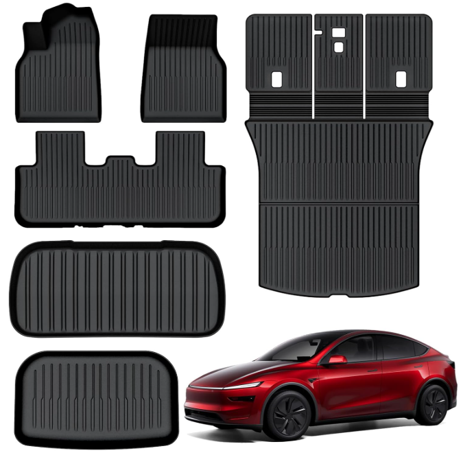 AUXKO All Weather Floor Mats for 2025 2026 New Tesla Model Y Juniper Cargo Mat with Backrest Mat & Front Trunk Liner & Rear Cargo Mat Car Full Set TPE Liners Accessories Guard Odorless Anti-Slip Mats