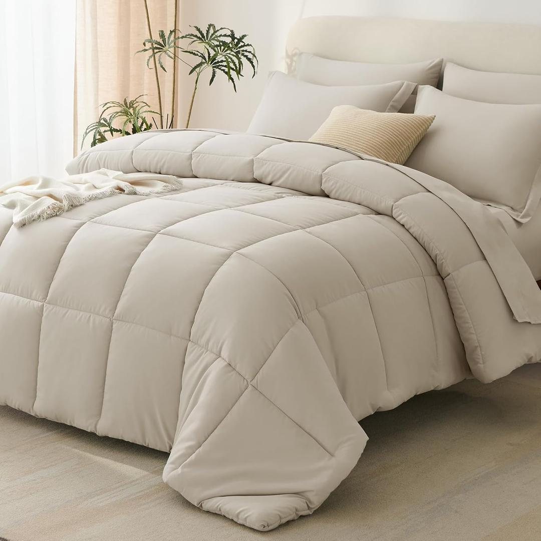 CozyLux Full Size Comforter Sets Oatmeal - 7 Pieces Bed in a Bag Full, Oeko-Tex Certified Bed Set, All Season Soft Bedding Set with Down Alternative Comforter, Sheets, Pillowcases & Pillow Shams