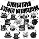 New Year Decorations 2026, Happy New Years Banner& 16Pieces Hanging Swirls for Happy New Year Eve NYE Party Supplies( Black Silver)
