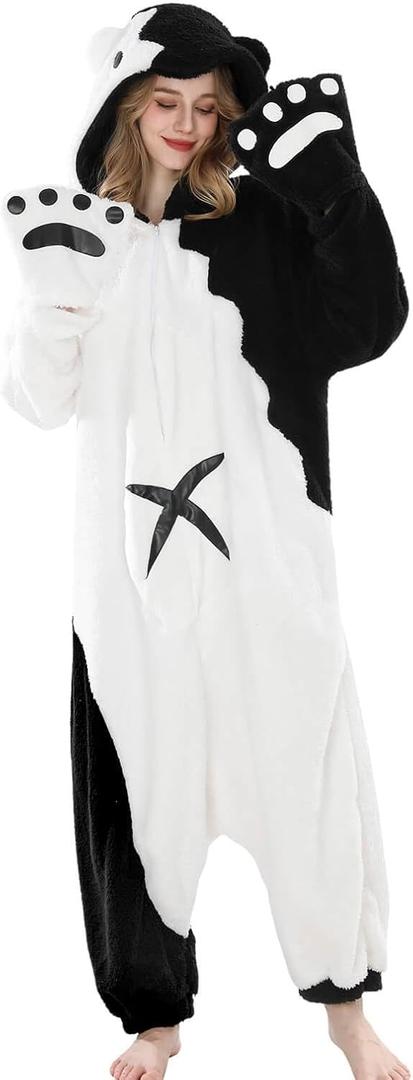 Nuoqi Gawr Gura Onesie Pajamas Women One Piece Hooded Sleepwear Adult Onesie Halloween Christmas Pajamas (Small, Black and White)
