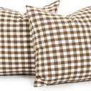 Farmhouse Brown and White Gingham Plaid Pillow Covers 18x18 inch Set Of 2, Brown Checkered Cushion Covers For Outdoor Furniture, Outdoor Buffalo Plaid Decorative Throw Pillows (No Pillow Inserts)