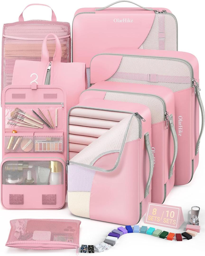 8 Set Packing Cubes for Travel, Gifts for Women Mom,Anti-Tearing Suitcase Organizer for Luggage with Shoe & Hanging Toiletry Bag,OlarHike Vacation Essentials & Accessories for Cruise Ship,Dream Pink
