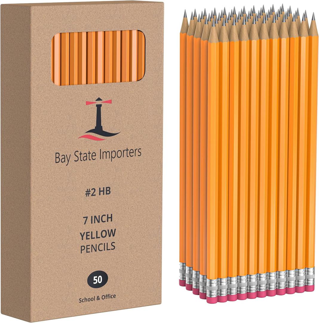 #2 HB Pencils Bulk 50 Pack | Pre-Sharpened Yellow Wood Pencils with Erasers, Smooth Writing for School, Classroom, Teachers, Office, Exams & Drawing