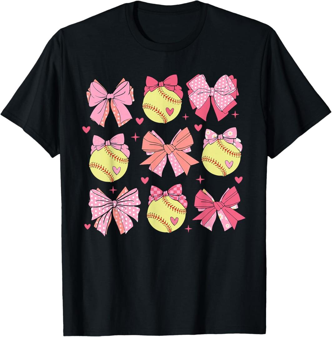 Softball Coquette Bow Softball Mom Mothers Day Softball Mama T-Shirt (Black, M)