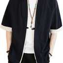 HAORUN Men Japanese Short-Sleeved Kimono Cardigan Yukata Coat Loose Cardigan Jacket Top (X-Large, Black)
