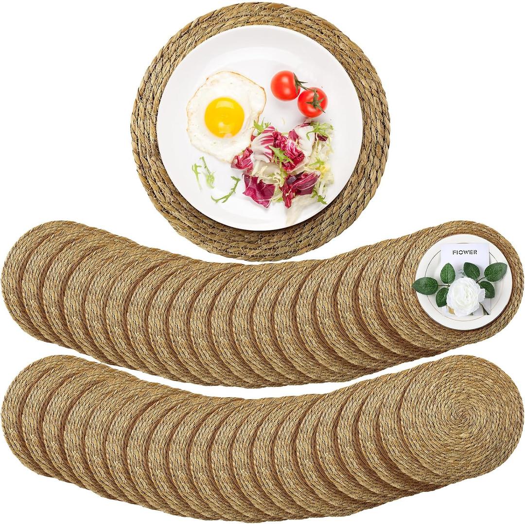 Colingmill 40 Pcs Round Rattan Placemats Bulk, 13 Inch Woven Placemats Natural Straw Hand Woven Farmhouse Boho Round Table Mats for Wedding Bridal Shower Home Dining Dinner Party Decoration
