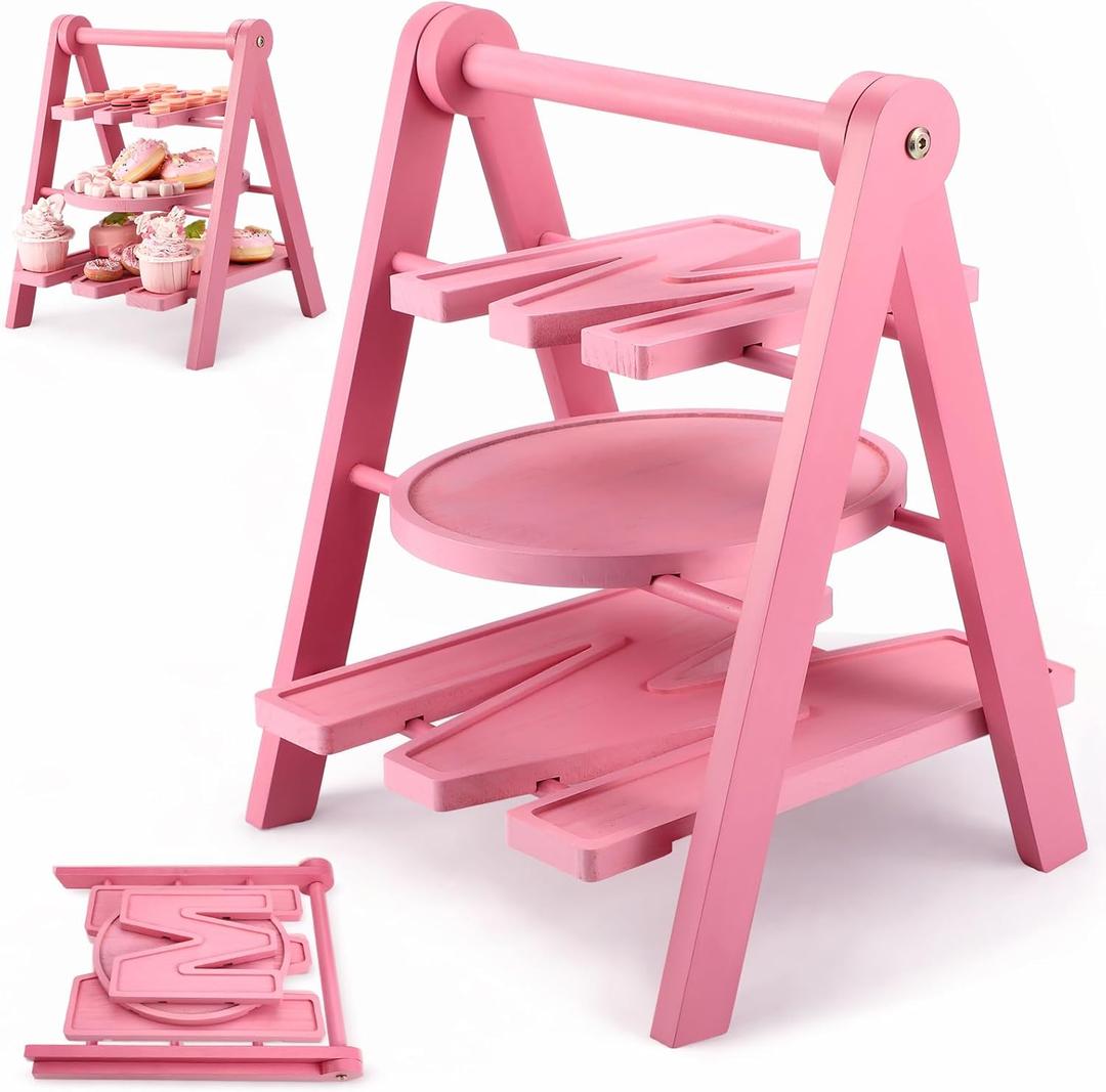 Novabright Mother's Day Serving Tray and Platters, 3 Tier Foldable Wooden Cupcake Stand, 7.8''/9.8''/11.4'' Pink Heart Mom Letter Charcuterie Board Serving Plate for Food Display, Party Decor Mom Gift