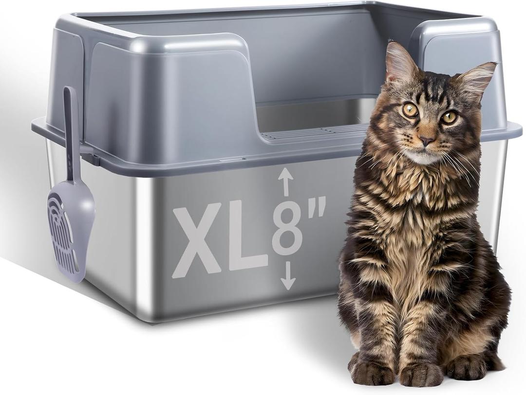 Stainless Steel Cat Litter Box with Lid, 23.7" L x 15.8" W x 13.8" H XL Metal Kitty Litter Box for Big Cats, High Sided Enclosure, Non-Sticky, Anti Urine Leakage, Easy Cleaning (Grey)