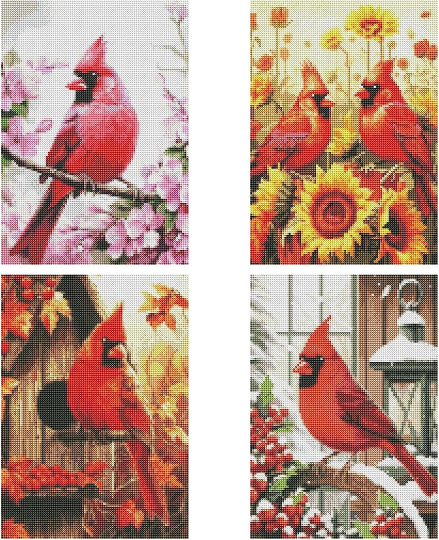 Cardinal Diamond Art Kits for Adults - 4 Pcs DIY Spring Summer Autumn Winter Full Drill Diamond Paintings for Beginners 5D Round Birds Gem Art Craft Home Wall Decor 9.84 x 13.7 Inches