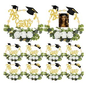 Yunsailing 8 Set 2026 Graduation Centerpiece Class of 2026 Table Photo Display Stand Decor with 8 Hoop Centerpiece 16 Toppers 48 Artificial Flowers and Leaves for Grad DIY Craft Party(White and Blue)