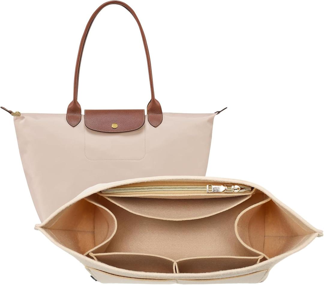 OPPOSHE Purse Organizer Insert for Longchamp Le Pliage, Premium Felt Long Champ Bag Handbag Women, Tote Organizer Insert with 9 Compartments (Large, Beige)
