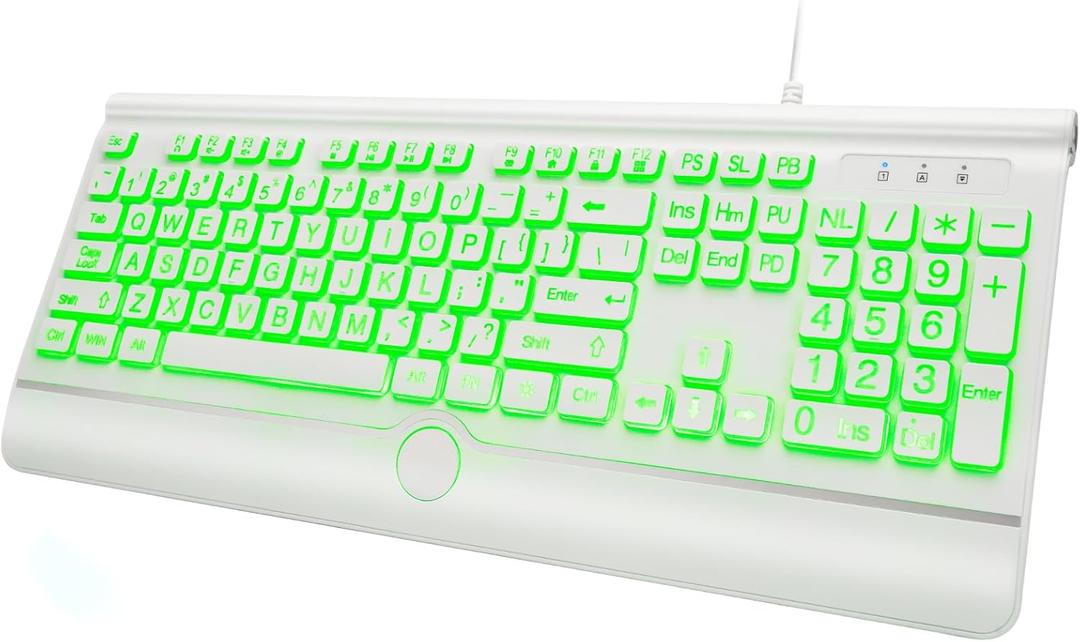 KOPJIPPOM Large Print Backlit Computer Keyboard, USB Full Size Wired Keyboards with 7-Colors Backlight, Wrist Rest, Light Up Keyboard for Windows, PC, Laptop - Easy to See, Easy to Setup