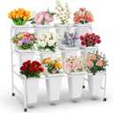 Flower Display Stand with 12Pcs Buckets, Flower Cart Display Stand with Wheels, 3 Tier Metal Plant Stand, Moving Heavy Duty Flower Cart Flower Rack for Florist Indoor Outdoor Patio Garden (White, 12pcs)