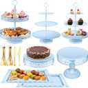 Blue Cake Stand Dessert Table Display Set, Metal Tiered Cupcake Holder Fruits Snack Donut Plate Serving Tower Tray Platter With Tong, Cake Knife and Server Set For Wedding Birthday Party Decor 11PCS
